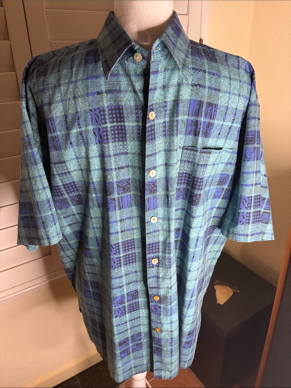 🚶‍♂️🩵Tori Richards Aqua blue Plaid Short Sleeve Button Down Shirt W/ Collar Sz M